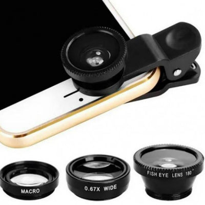 Kit de Lentes 3 en 1 para Celular — Macro, Gran Angular 0,67x y Ojo de Pez 180°