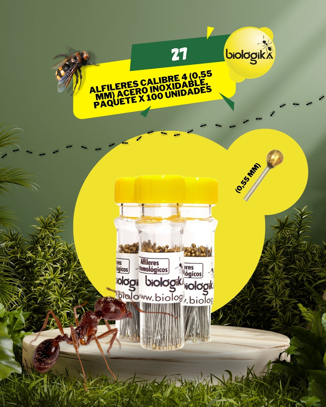 Alfileres entomológicos (Paquete x 100 unidades). Marca Biologika®