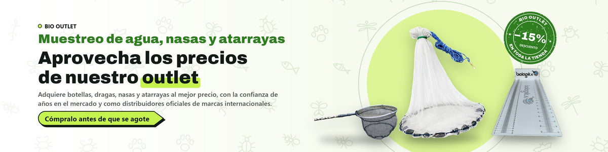 BIO OUTLET · Muestreo de agua, nasas y atarrayas · 15 % de descuento en toda la tienda
