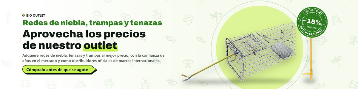 BIO OUTLET · Redes de niebla, trampas y tenazas · 15 % de descuento en toda la tienda